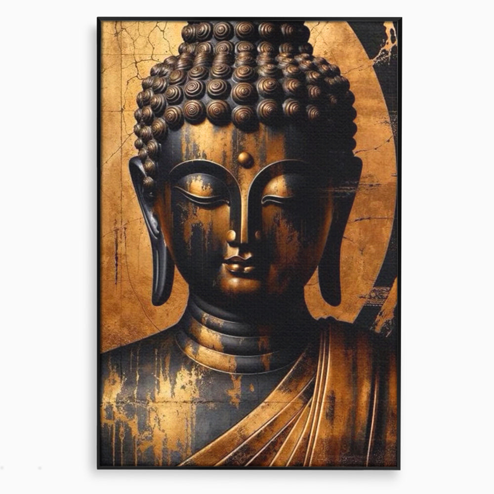 Tablou canvas cu tablou canvas cu capul lui buddha, in rama de aluminiu negru
